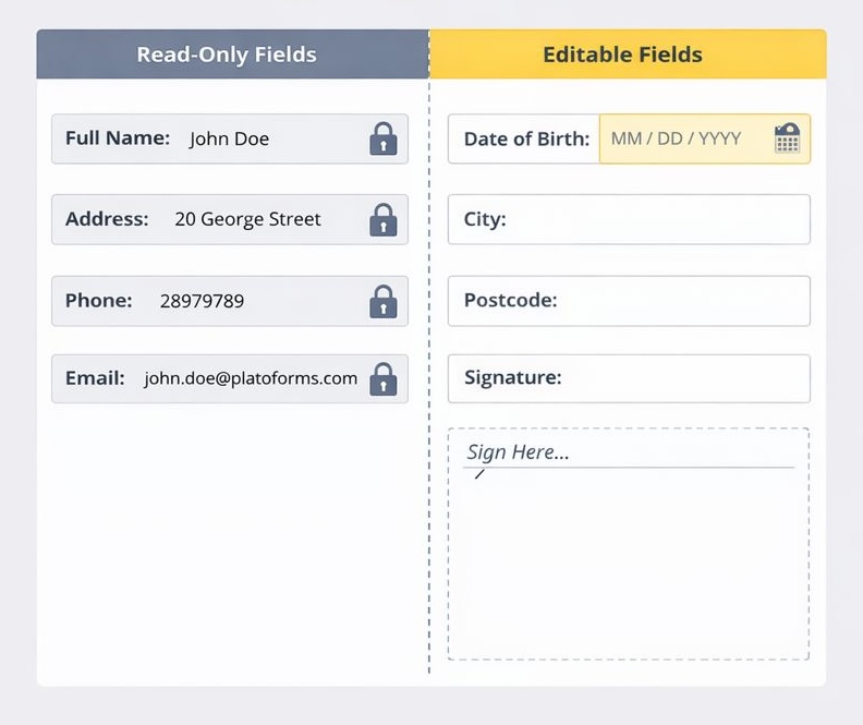 Formulaire de checklist de location de voiture montrant des champs pré-remplis en lecture seule et des champs éditables côte à côte