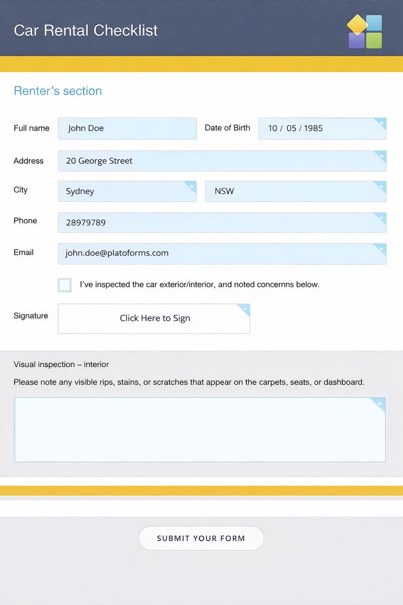Checklist de location de voiture pré-remplie montrant les champs complétés et les entrées restantes
