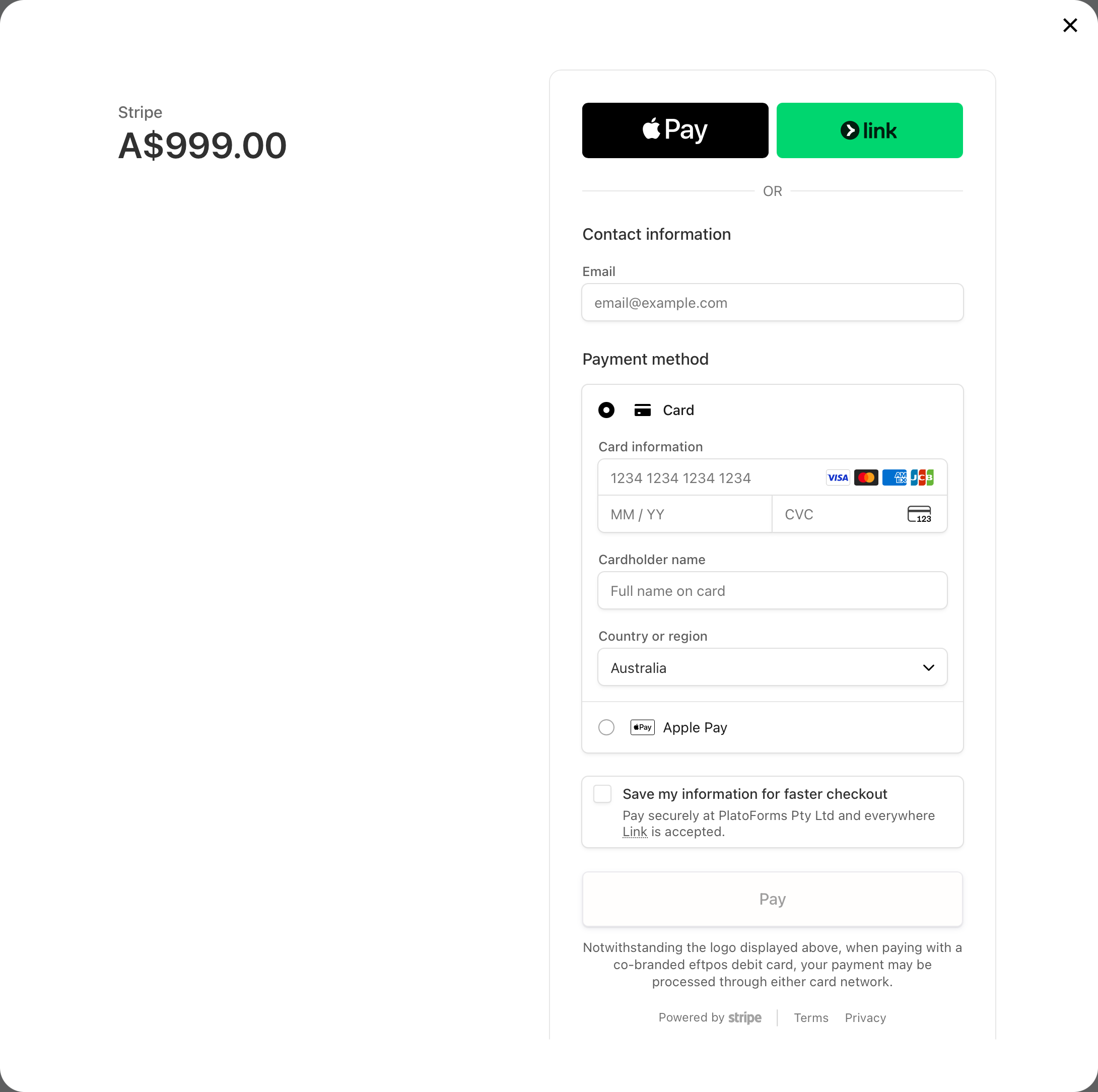Stripe payment with Apple Pay, Link and card options