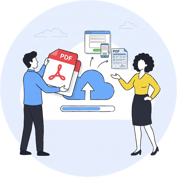 Illustration d'un homme téléchargeant un fichier PDF sur PlatoForms, tandis qu'une femme montre les options de sortie résultantes : un formulaire web réactif et un document PDF remplissable