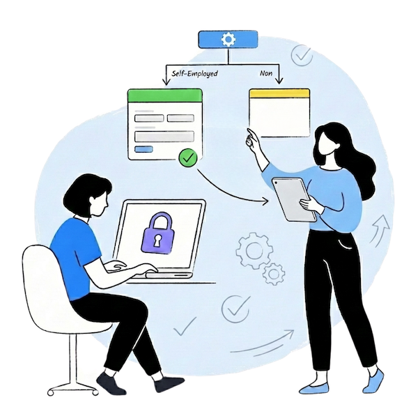 Illustration représentant la logique intelligente et la sécurité des formulaires : à gauche, un utilisateur travaille sur un ordinateur portable affichant une icône de cadenas pour représenter l'accès protégé ; à droite, un collègue pointe vers un organigramme de logique conditionnelle divisant un formulaire en options 'Travailleur Indépendant' et 'Non'.