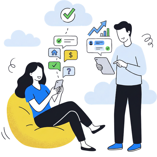 Illustration d'utilisateurs complétant des demandes bancaires sur des appareils mobiles utilisant un formulaire conversationnel intuitif, avec des icônes pour les hypothèques, la finance et l'analyse pour représenter des flux de travail sans effort.