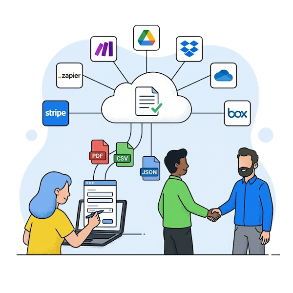 Illustration de PlatoForms s'intégrant dans un écosystème bancaire, montrant un cloud central se connectant à des applications comme Stripe, Zapier et Google Drive pour automatiser les flux de données PDF, CSV et JSON.