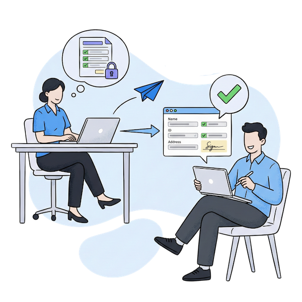 Illustration d'un professionnel envoyant un formulaire numérique sécurisé à un client, montrant le client examinant un document avec des champs pré-remplis de Nom, ID et Adresse avant de signer.