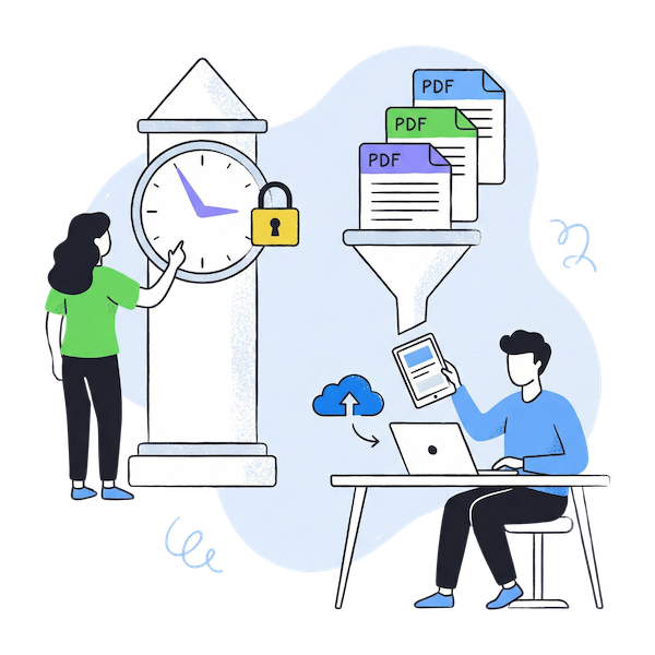 Illustration des fonctionnalités de gestion de formulaire : à gauche, une femme ajuste une horloge avec un cadenas pour représenter les limites de temps et le contrôle d'accès ; à droite, un homme à un bureau gère des formulaires maîtres où plusieurs documents PDF convergent en une seule soumission numérique.