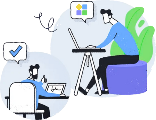 Illustration d'un flux de travail financier sécurisé : un utilisateur signe électroniquement un document tandis qu'un autre gère le processus d'approbation multi-étapes sur un ordinateur portable utilisant PlatoForms.