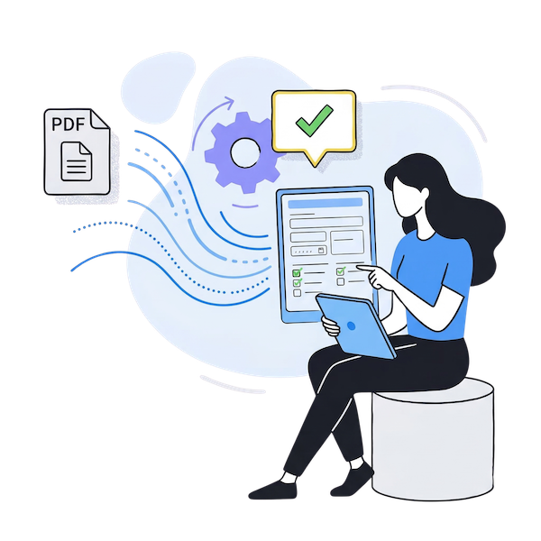PlatoForms AI recognition tool converting a static paper PDF into a structured, fillable online client intake form on a tablet