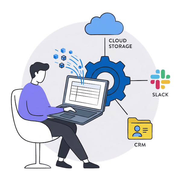 Diagram showing PlatoForms client onboarding software seamlessly integrating with Slack, external CRM systems, cloud storage, and team communication tools