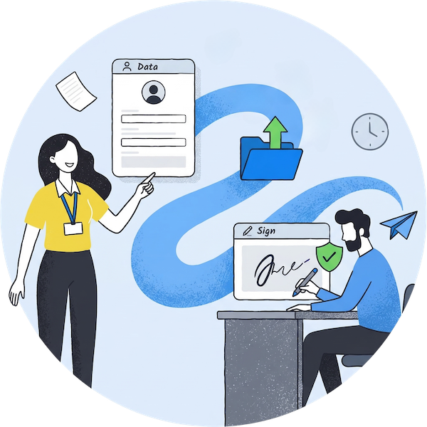 Digital interface displaying a unified client onboarding flow with secure file upload fields and legally binding e-signature capture