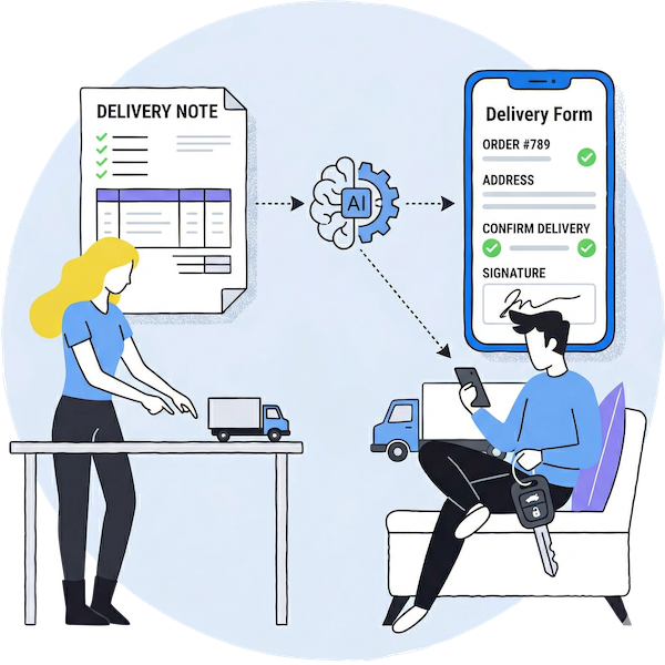 An illustration showing the digital transformation of a delivery note into a mobile web form. On the left, a dispatcher points to a static document; on the right, a driver uses a smartphone displaying a dynamic delivery app, connected by a central AI icon symbolizing instant PDF-to-form conversion.