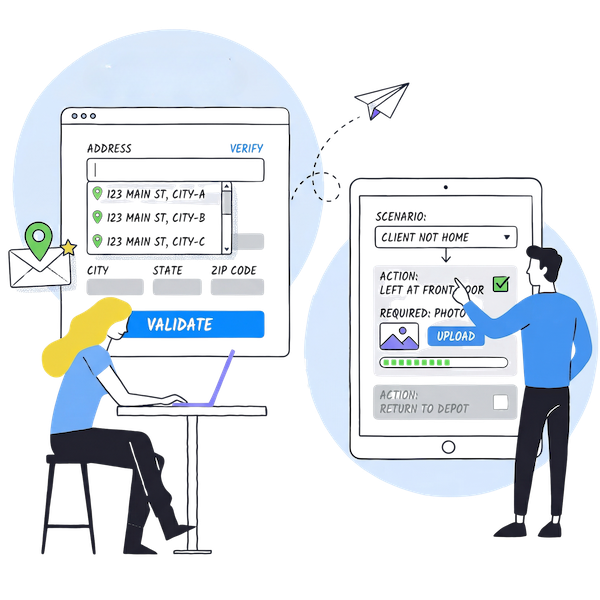 An illustration of a smart delivery workflow featuring a man and a woman interacting with digital forms. On the left, a user types into an address field with a Google Maps-style autocomplete dropdown and a Validate button. On the right, a tablet displays a conditional logic scenario for Client not home, showing options for photo evidence and delivery status, all rendered in a clean, hand-drawn vector style with blue, yellow, and green accents.