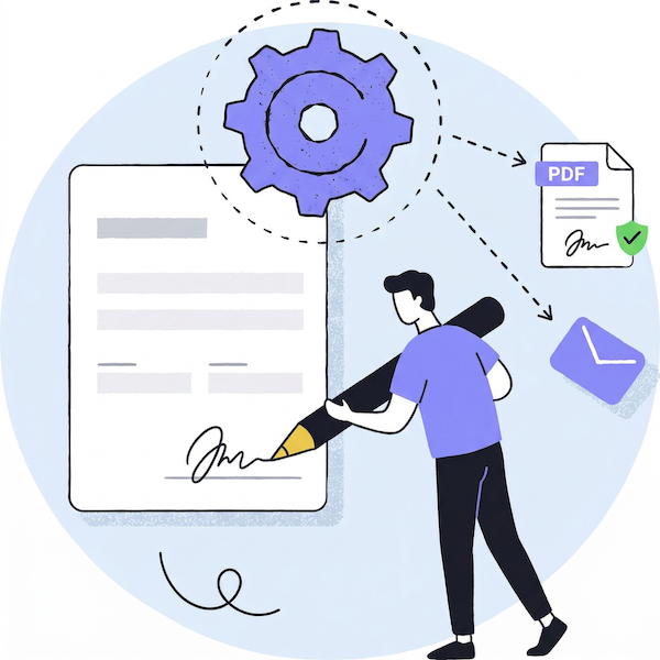 An illustration titled Capture Signatures and Trigger Next Steps showing how completed delivery forms drive automated workflows. A customer signs a digital Signature field, which triggers a central automation gear. This workflow simultaneously generates a signed receipt, alerts dispatch, and sends a branded email from a custom domain directly to the customer.