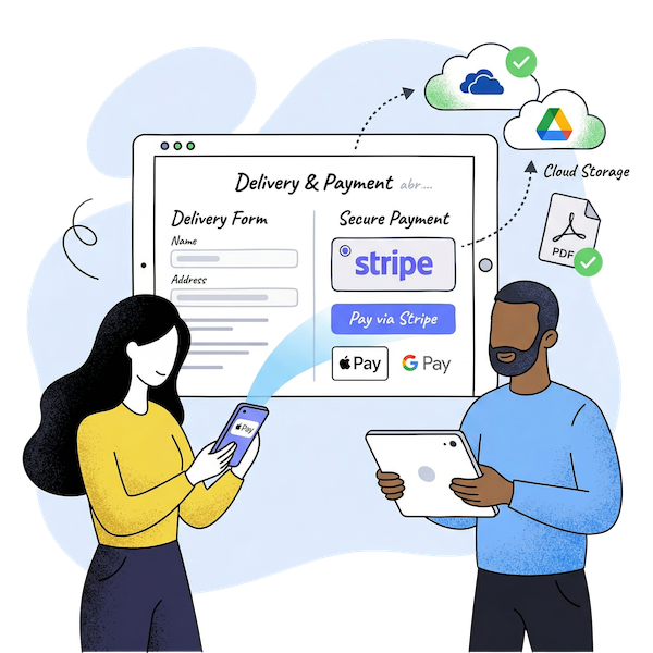 An illustration showing how to turn your delivery forms into a professional point-of-sale tool. Drivers can securely collect payments on-site—including via modern digital wallets—and automatically sync all signed records to your cloud drive.