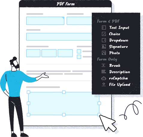 cartoon man standing in front of a big online fillable form in PDF