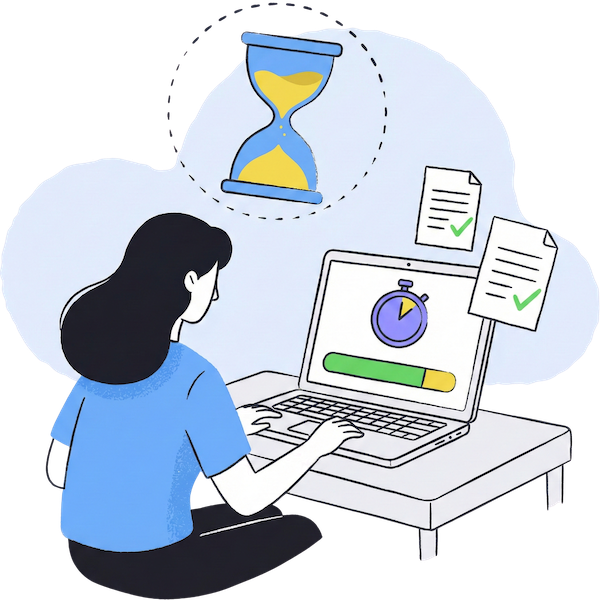 Une illustration d'un étudiant passant un examen en ligne sur un ordinateur portable, avec un minuteur de compte à rebours affiché en évidence à l'écran, symbolisant les évaluations à durée limitée dans un cadre éducatif.