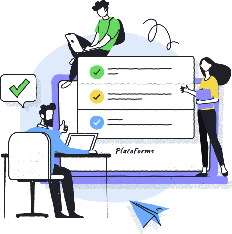 cartoon students in front of a large online enrollment form by PlatoForms