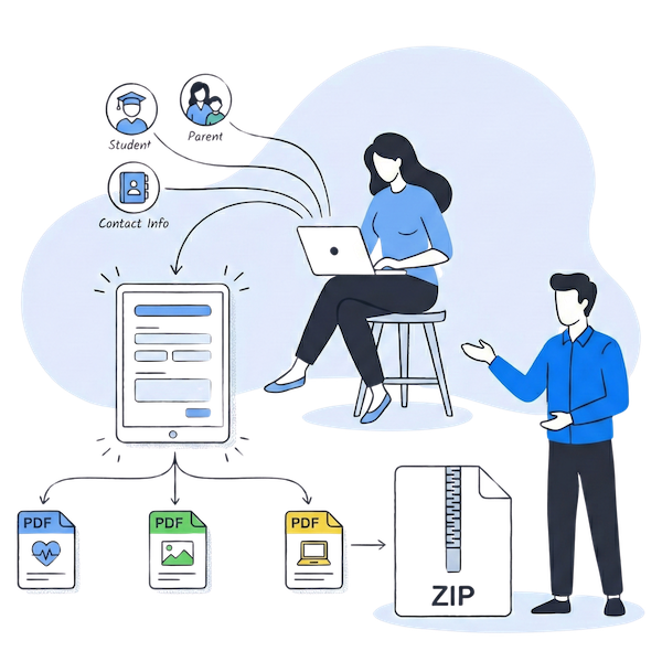 Une illustration conceptuelle propre et de style plat montrant un processus d'inscription numérique efficace. Au centre, une personne utilise un ordinateur portable pour collecter les données 'Étudiant' et 'Parent' dans une tablette 'Formulaire maître' centrale. Ce formulaire maître est montré distribuant automatiquement les informations dans plusieurs documents PDF spécialisés (santé, transport, etc.) via des flèches de connexion. Le processus se termine par l'organisation des documents dans un seul fichier ZIP, illustrant le concept de 'saisie unique des données, application multi-document' dans un flux de travail administratif scolaire rationalisé.