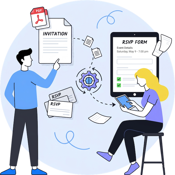 PlatoForms AI recognition tool converting a static paper invitation into a structured, fillable online RSVP form on a tablet