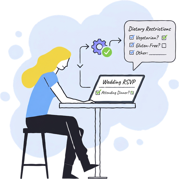 A conversational form showing conditional logic for a wedding RSVP dietary requirements section