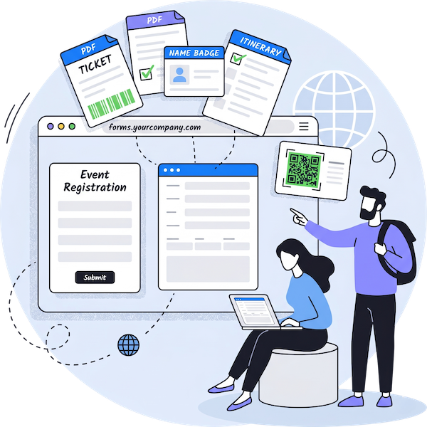 A branded event registration form embedded on a custom domain website with QR code sharing