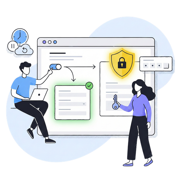 Deux avocats utilisant des appareils numériques pour gérer des formulaires : l'un sauvegarde les progrès sur une tablette, tandis que l'autre définit des limites de planification et de soumission sur un ordinateur portable. L'illustration propre et dessinée à la main utilise une palette de bleu et de vert pour montrer une saisie flexible et contrôlée.