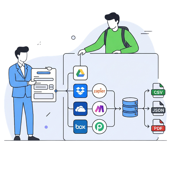Deux avocats utilisant des appareils numériques pour gérer des formulaires : l'un sauvegarde les progrès sur une tablette, tandis que l'autre définit des limites de planification et de soumission sur un ordinateur portable. L'illustration propre et dessinée à la main utilise une palette de bleu et de vert pour montrer une saisie flexible et contrôlée.