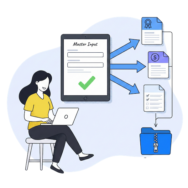 Une illustration de deux avocats debout près d'un grand écran numérique, montrant des données circulant vers diverses icônes de stockage dans le cloud, d'automatisation et de format de fichier (comme Google Drive, Zapier et PDF) dans un style artistique propre et professionnel.