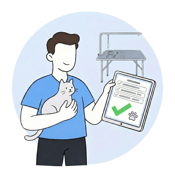 An illustration of a man holding a white cat while displaying a digital tablet. The tablet shows a pre-filled check-in form with a green checkmark and a paw print icon. In the background, a professional grooming table with tools is visible, highlighting a seamless digital check-in process for pet services.
