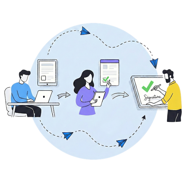 A flat vector illustration of a streamlined digital approval workflow. Three team members are connected by a dotted line loop with paper plane icons: on the left, a person submits a form via laptop; in the center, a reviewer checks a digital document on a tablet; and on the right, a person adds a digital signature to a screen.