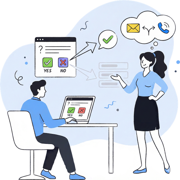 Illustration of smart form conditional logic: A person fills out a digital form on a laptop where selecting 'Yes' or 'No' dynamically changes the workflow. A flowchart in the background demonstrates how different answers trigger specific outcomes, such as hiding irrelevant fields or redirecting to different actions like emailing or calling.