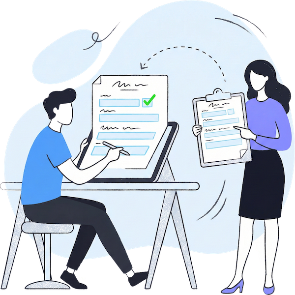 An illustration showing a side-by-side comparison of a static paper form and its digital counterpart on a tablet screen. The digital version on the screen mirrors the original PDF's layout exactly—preserving the same fonts, spacing, and branding—while a user interacts with the fillable fields, demonstrating the pixel-perfect conversion of complex healthcare documents into online forms.
