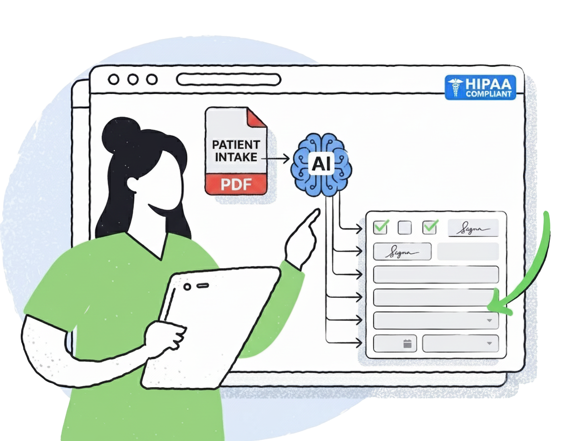 Healthcare professional demonstrating AI-powered PDF-to-web form conversion with HIPAA compliance