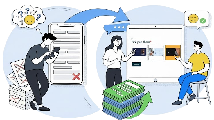 Illustration contrasting a frustrated user with a large pile of paper/failed forms and a happy user successfully completing a friendly, conversational form on a tablet, which results in complete data and higher completion rates