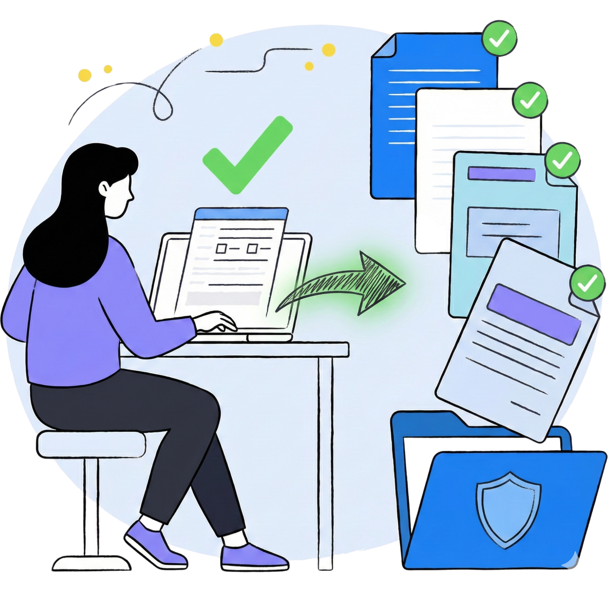 Illustration showing a user filling out one form by reusing form fileds on a laptop, which triggers a flow (indicated by a green arrow) to automatically generate multiple completed documents (with green checkmarks) that are bundled into a secure folder