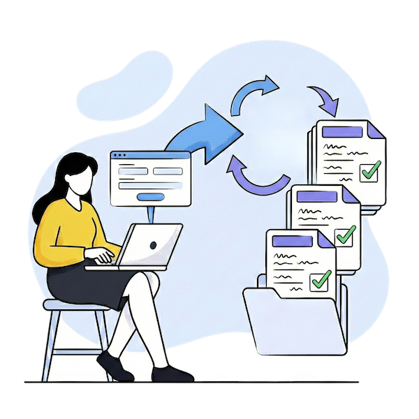 Illustration showing a user on a laptop filling out a single web form, which triggers an automated workflow (indicated by arrows) to instantly generate multiple completed PDF documents with green checkmarks bundled into a folder, visualizing the 'One Form Fills Multiple Documents' concept.