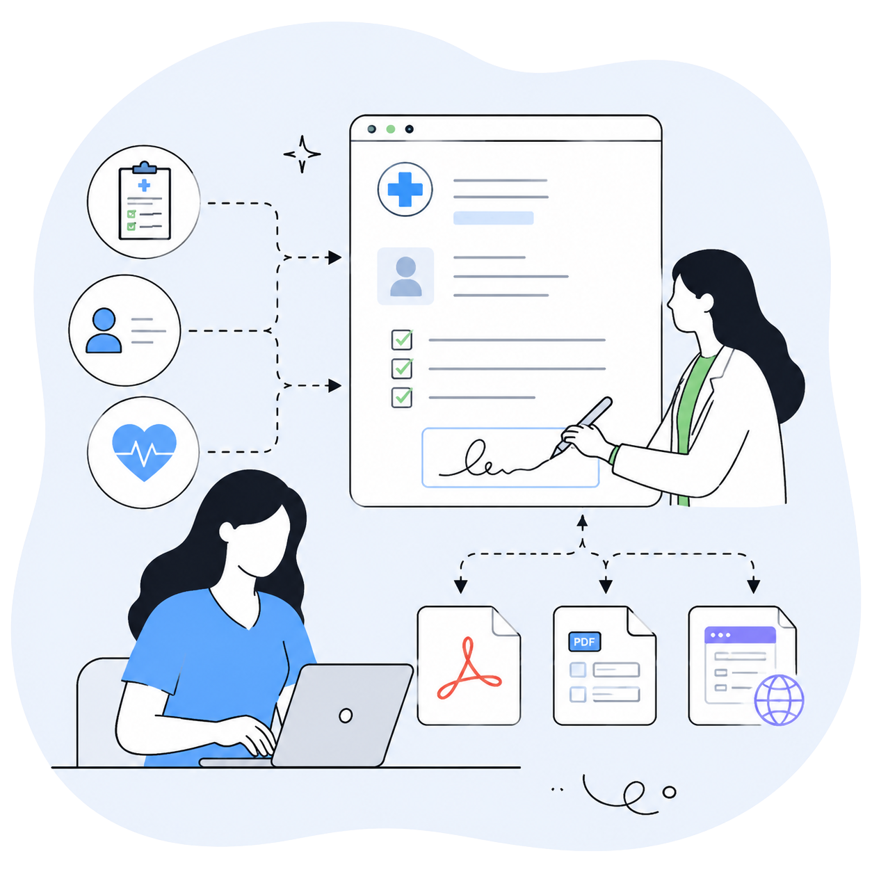Der PDF-Dokumentenersteller von PlatoForms erstellt ein Gesundheitsdokument mit KI und bereitet es für den PDF-Export oder das Online-Ausfüllen vor