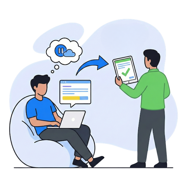 An illustration of a provider handing a tablet to a patient, showing flexible form options. Visual cues include a “Save for later” bar, a submission limit “100/100 FULL → Waitlist” counter, and icons for printing and cloud integration