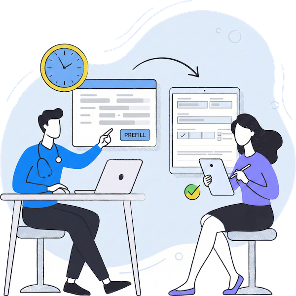 Flat vector illustration of a doctor sitting at a desk using a laptop to transfer a pre-filled digital form to a patient holding a tablet. An arrow connects the doctor's screen to the patient's device, symbolizing seamless data transfer, while a clock icon represents time savings and a checkmark indicates accuracy.
