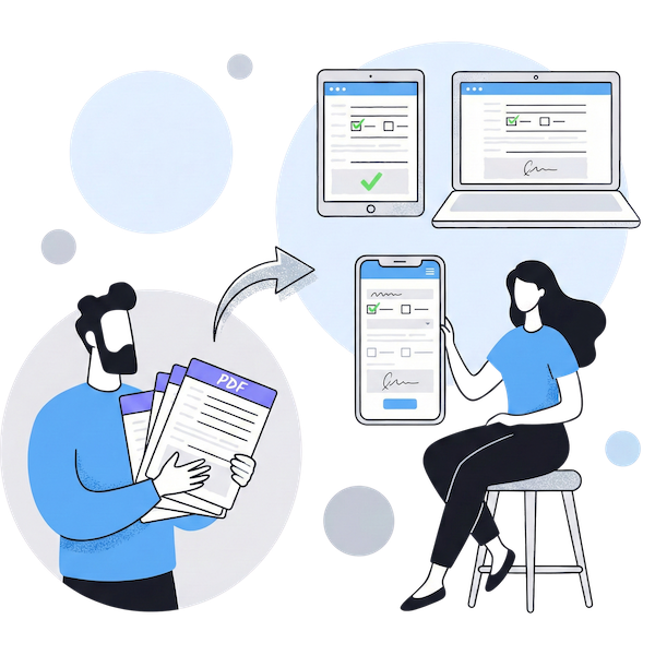 Eine Illustration, die die Umwandlung statischer PDF-Patientenformulare in mobiloptimierte Webformulare zeigt. Links hält eine Figur einen Stapel Dokumente, die in eine digitale Schnittstelle auf der rechten Seite fließen, wo ein Benutzer mit einem responsiven Formular auf einem Smartphone interagiert. Schwebende Symbole eines Tablets und Laptops im Hintergrund demonstrieren die Anpassungsfähigkeit des Formulars auf verschiedenen Geräten.