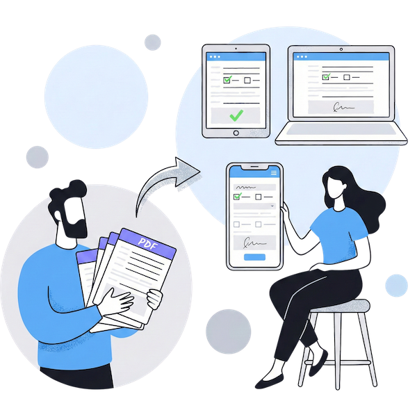 An illustration depicting the transformation of static PDF patient forms into mobile-optimized web forms. On the left, a character holds a stack of documents, which flows into a digital interface on the right where a user interacts with a responsive form on a smartphone. Floating icons of a tablet and laptop in the background demonstrate the form's adaptability across different devices.
