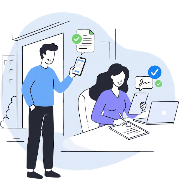 Illustration d'un processus d'enregistrement sans contact mettant en scène un homme remplissant un formulaire numérique sur son smartphone, tandis qu'une femme à un bureau gère l'enregistrement sur une tablette et un ordinateur portable, avec des icônes de coche flottantes représentant la soumission réussie de la décharge.