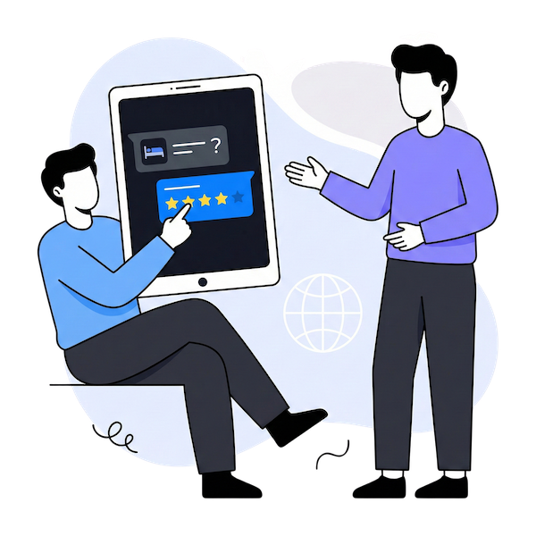 Illustration de deux personnes interagissant avec un formulaire de retour d'expérience des invités conversationnel sur une tablette, présentant une interface de chat et un système de notation par étoiles.