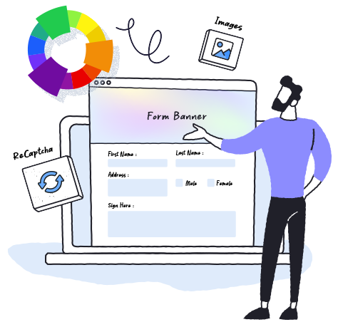 cartoon man and a photocopying machine in front of an online customer information PDF form