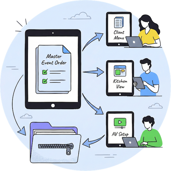 Illustration d'un flux de travail de formulaire de commande d'événement maître montrant un formulaire numérique central se connectant à trois vues utilisateur distinctes—Menu Client, Vue Cuisine et Configuration AV—démontrant comment PlatoForms agrège les contributions de différentes équipes en un seul document maître zip.