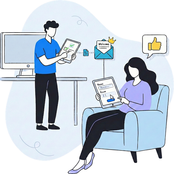 Illustration d'un membre du personnel de l'hôtel envoyant numériquement une invitation de bienvenue pré-remplie à un invité VIP. L'invité, assis dans un fauteuil, consulte le formulaire sur une tablette où son nom et son numéro de chambre sont déjà automatiquement entrés, représentant une expérience d'enregistrement VIP fluide et personnalisée.