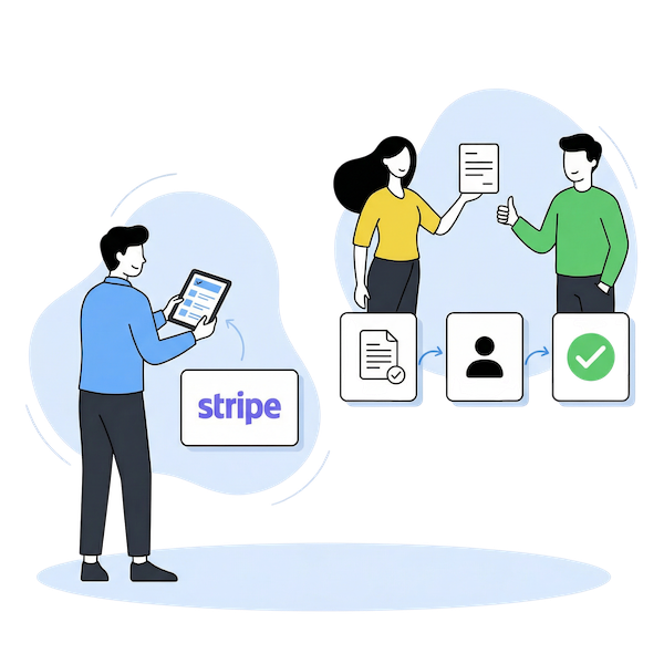 Illustration montrant le paiement Stripe à gauche et le flux de travail d'approbation interne à droite avec soumission de document, examen par le gestionnaire et confirmation d'approbation
