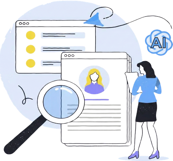 Une illustration montrant deux personnes utilisant un système RH IA qui scanne un formulaire papier (Formulaire RH) avec des signatures et des coches, et cartographie automatiquement les champs sur un formulaire numérique sur un écran, indiquant une détection automatique réussie