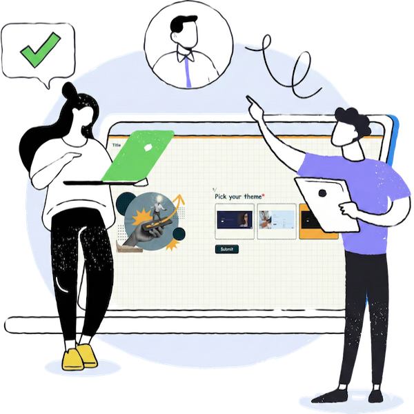 Deux coéquipiers RH en dessin animé discutant d'un formulaire web en ligne affiché sur un grand écran d'ordinateur portable, avec une coche indiquant l'approbation