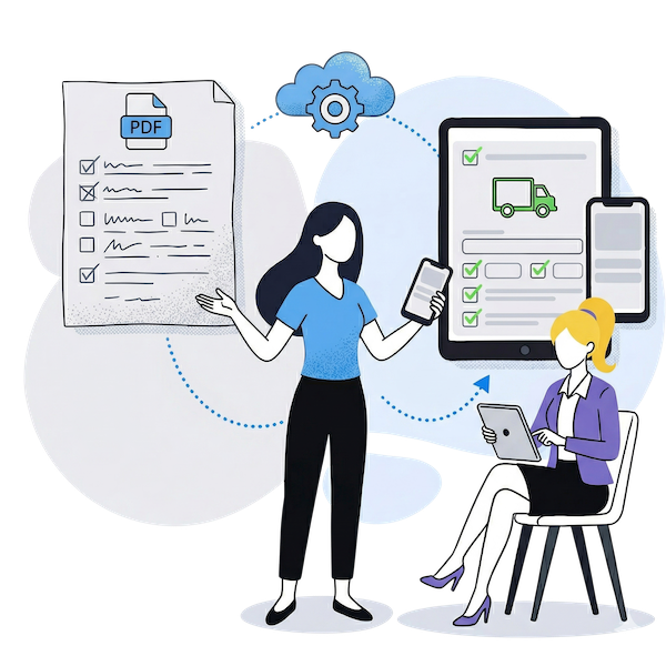 An illustration showing the digital transformation of a paper-based PDF checklist into a mobile-responsive web form. On the left, a woman points to a static PDF document with checkboxes; on the right, another woman sits with a tablet while the checklist is displayed as a dynamic app interface on a tablet and smartphone, connected by an AI icon with gears.