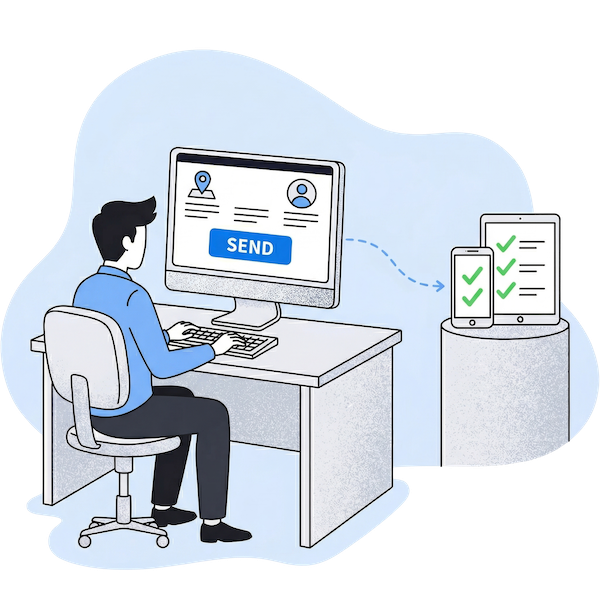 An illustration showing a dispatcher at a computer sending a pre-filled inspection checklist to a mobile phone and tablet. This visualizes the Invitation feature for dispatching forms and the ability to bulk pre-fill site details. It also highlights how Address autocomplete powered by Google Maps simplifies data entry for field inspectors.